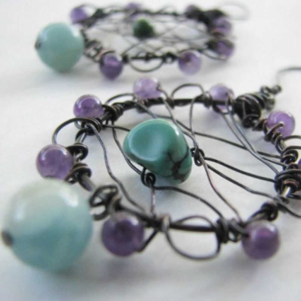 Handmade Boho Dream Catcher Earrings‎ Amethyst Turquoise Amazonite